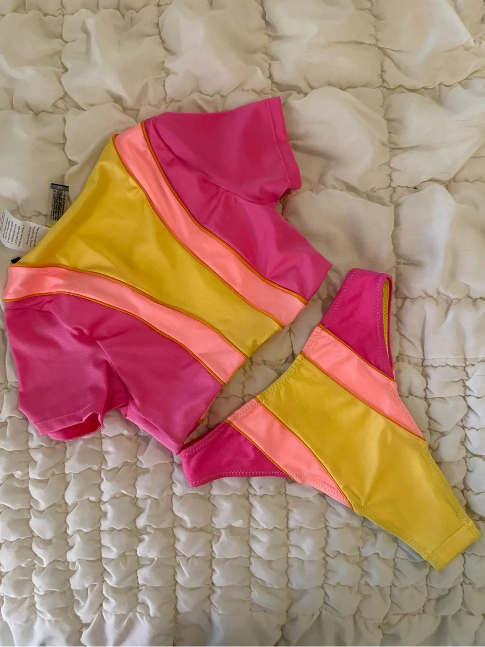 OneOne x Free People Colorblock Short Sleeve Bikini Set in Pink, Peach & Mustard